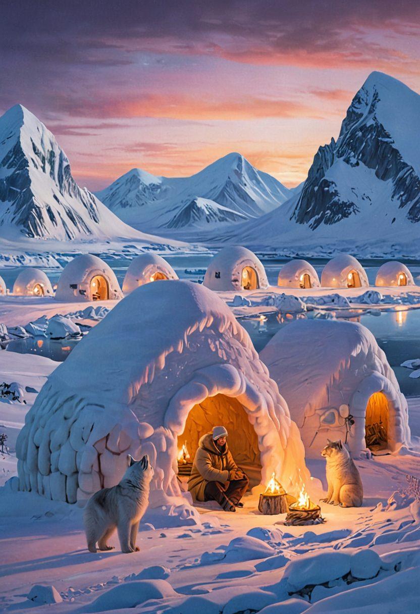 An alluring, mystical Arctic landscape with a mix of traditional Eskimo cultural elements intertwined with a sensual, seductive atmosphere; imbuing images of passion and intimacy. Long flowing furs, soft candlelit igloos, and entwined figures gracefully wrapped in warm, embracing hues. oil painting. ethereal. dreamy pastels. romantic tones.