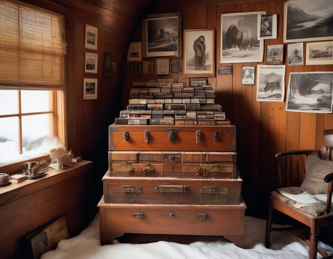 A dimly-lit, mysterious room adorned with antique furniture. In the center, an intricate wooden chest overflowing with old film reels and vintage magazines, all hinting at Eskimo culture. Each reel and magazine subtly depicts steamy and romantic scenes set against snowy tundras and cozy igloos, creating an air of forbidden allure and curiosity. painting. muted colors. intricate details.